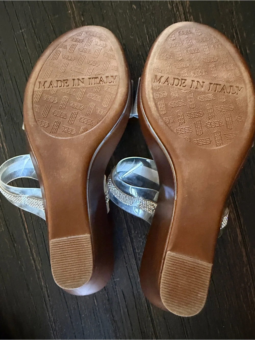 Clarks Brown Wedge Sandals with Silver and Clear Rhinestone Straps